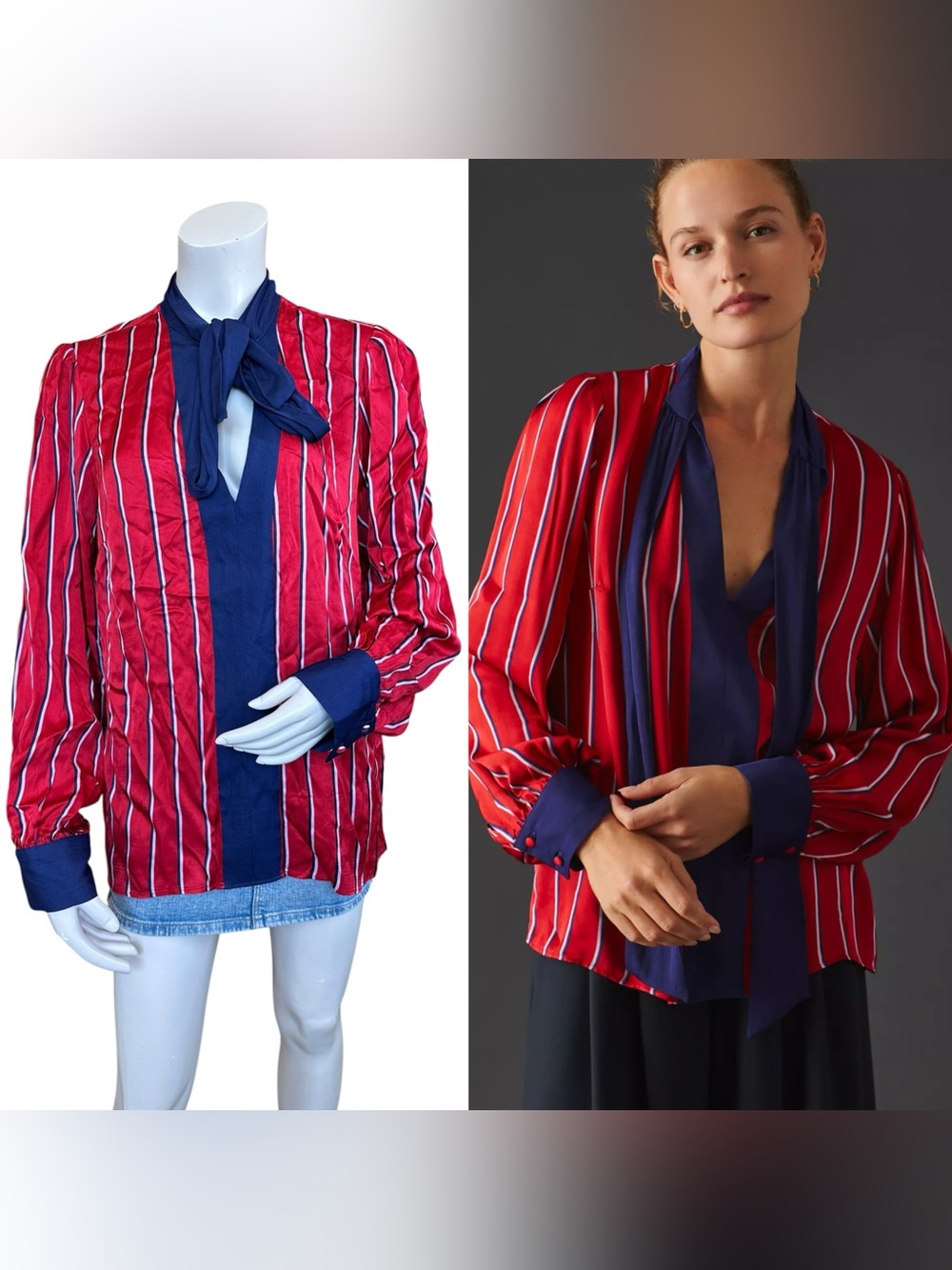 Anthropologie Maeve Satin Red White Blue Striped Tie Neck Bow Blouse Size Large